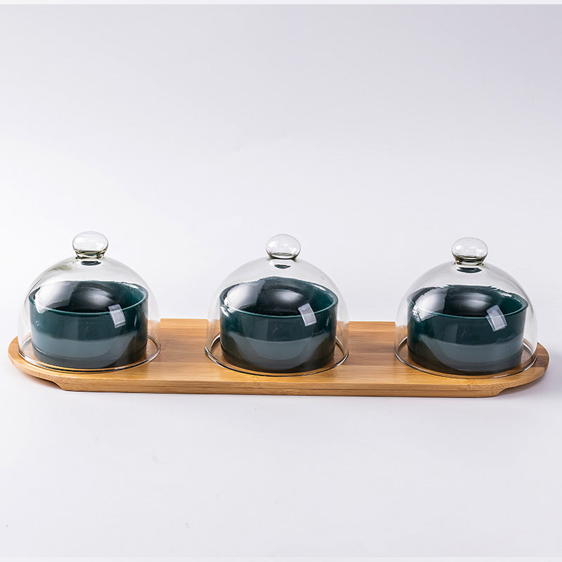 Ciotoline in ceramica con supporto in bambù e coperchio di vetro