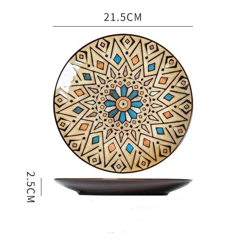 Piatti in ceramica colorati con forme geometriche e fiori dipinti a mano