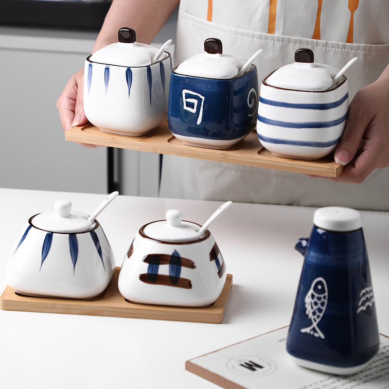 Barattoli in ceramica con cucchiaino e supporto di legno LoveSea