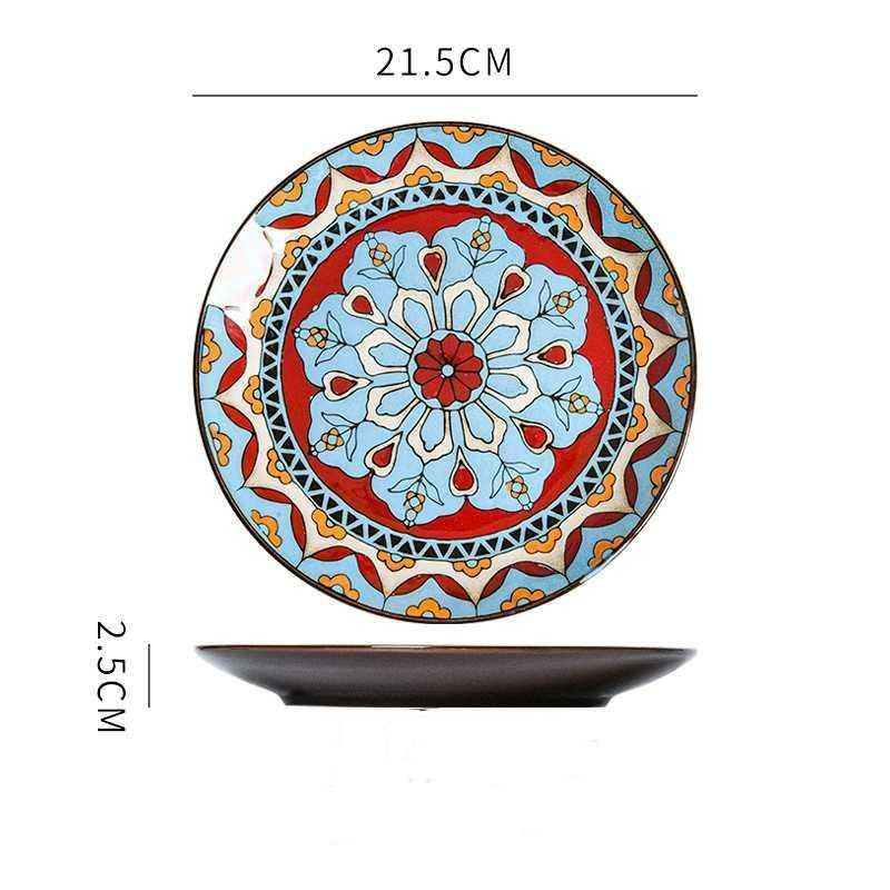 Piatti in ceramica colorati con forme geometriche e fiori dipinti a mano