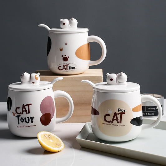 Tazza in ceramica con coperchio e cucchiaino "I gatti sociali"