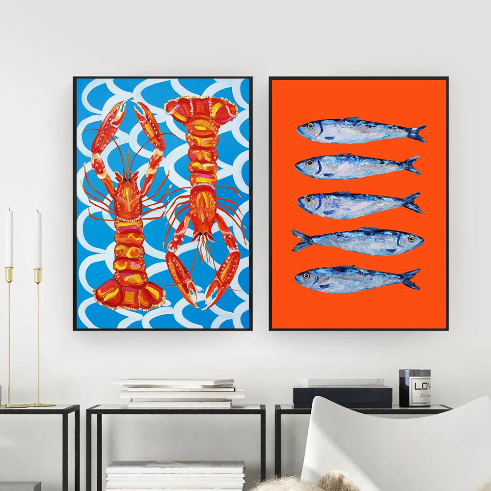 Quadro astratto poster aragoste e pesci