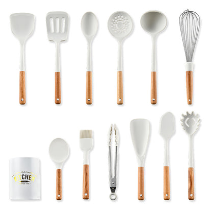Set utensili in legno e silicone bianco antiaderente e resistente al calore