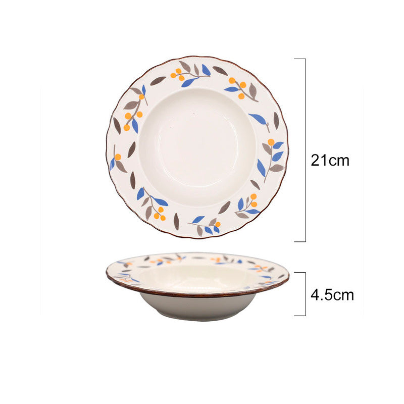 Piatti fondi in ceramica con fiori e foglie sui bordi