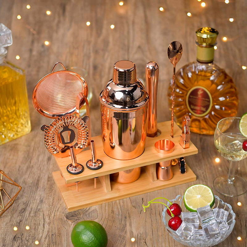 Set Shaker da Cocktail in acciaio inossidabile color rame con supporto in legno