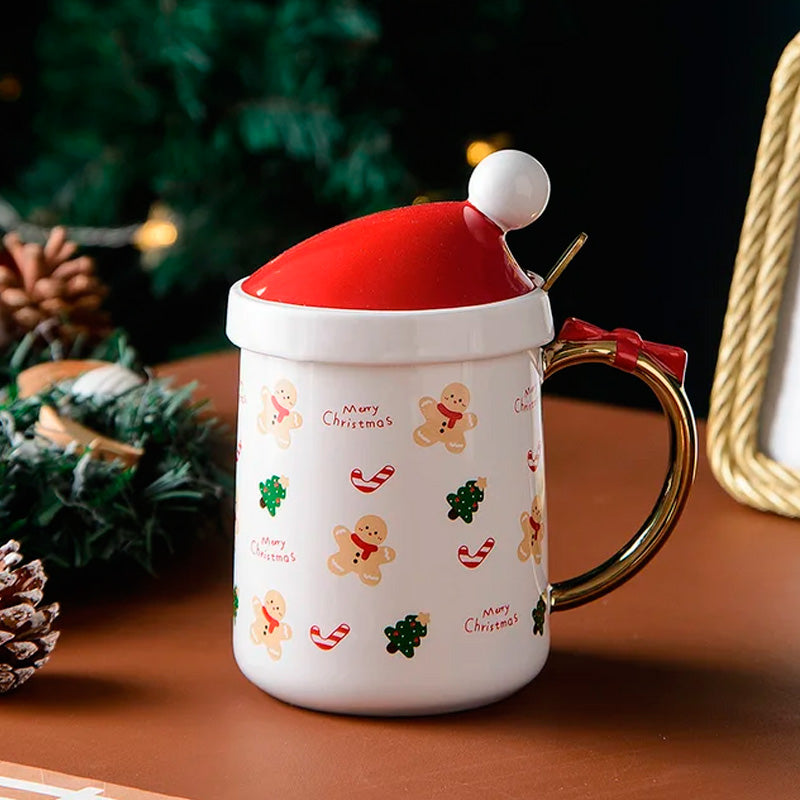 Tazza con coperchio a forma di cappello di Babbo Natale, in ceramica