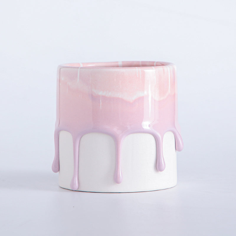 Vaso cilindrico in ceramica con colori gocciolanti