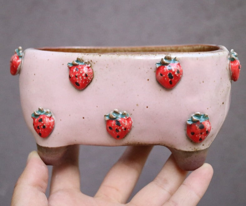 Vasi colorati in ceramica con piccole fragole
